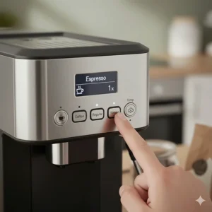 Close-up of an affordable bean to cup coffee maker interface showing customisable brewing options.