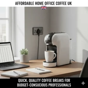 A small, cheap Dolce Gusto machine set up in a UK home office for quick coffee breaks.