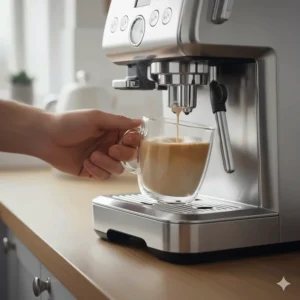 A bean to cup coffee machine frothing milk to create a silky flat white in a glass cup.