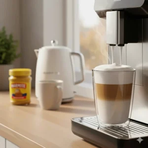 Alt text for image 4: An automatic milk carafe system frothing fresh milk into a glass for a latte, a popular feature on high-end bean to cup coffee machines.