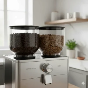 Close-up of a high-end coffee machine with two separate bean hoppers for switching between decaf and caffeinated beans.