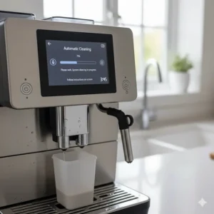A coffee machine's digital display indicating an active automatic descaling and cleaning programme for easy maintenance.