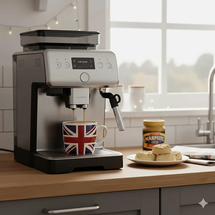 Alt text for image 1: A premium bean to cup coffee machine on a solid oak kitchen worktop, accompanied by a Union Jack mug and fresh scones in a naturally lit British kitchen. best bean to cup coffee machine uk