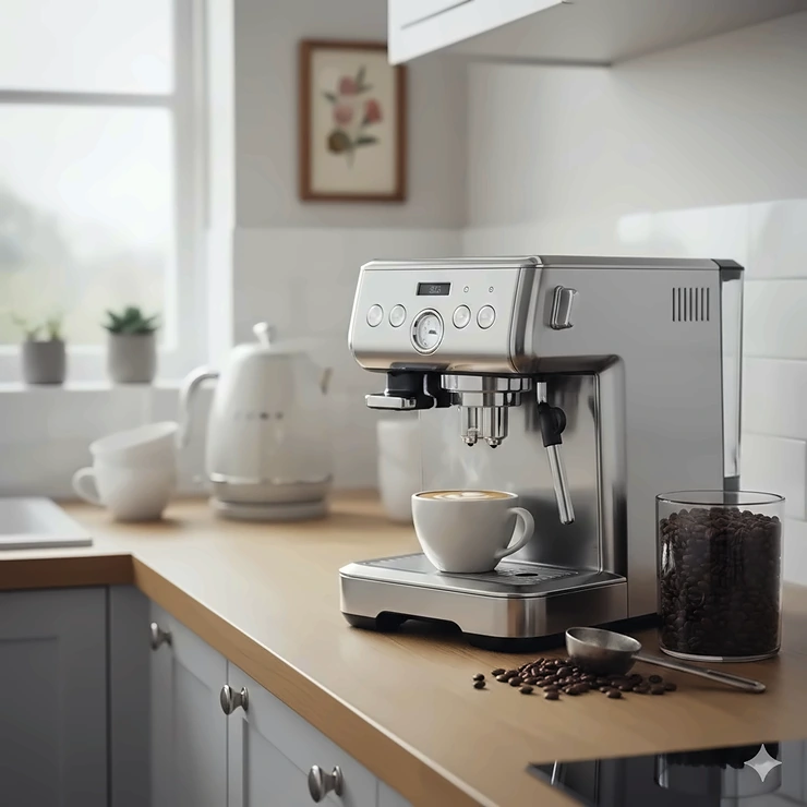 A premium bean to cup coffee machine on a modern oak kitchen worktop in a UK home.