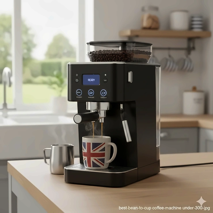 A sleek black bean to cup coffee machine sitting on a modern UK kitchen worktop next to a steaming mug of latte. best bean to cup coffee machine under £300 uk