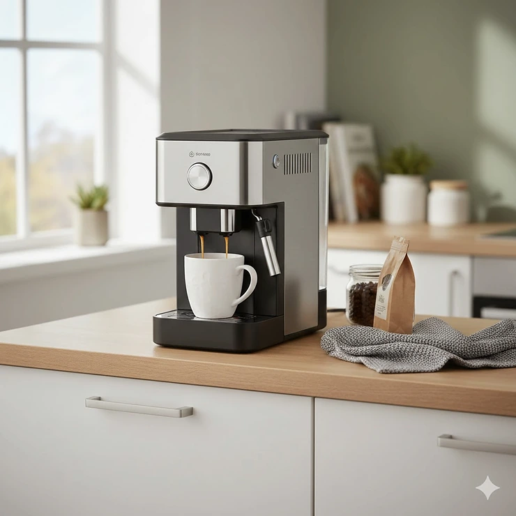 A compact budget bean to cup coffee machine on a kitchen worktop, brewing a fresh espresso into a ceramic mug.