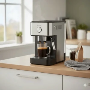 A budget bean to cup machine dispensing a long black Americano into a clear glass mug.