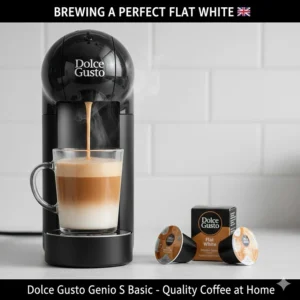 A close-up of a budget Dolce Gusto machine brewing a creamy flat white into a glass mug.