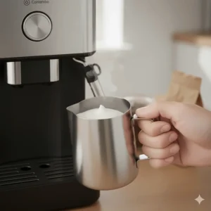 Using the steam wand on a budget coffee machine to froth milk for a homemade latte or cappuccino.