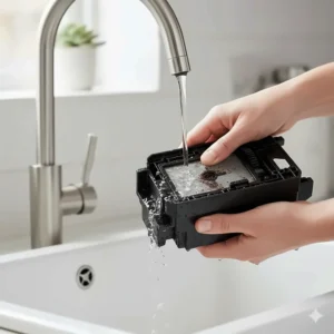 Removable brewing unit being rinsed under a tap, showing easy maintenance of a bean to cup coffee machine.