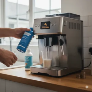Alt text for image 6: A person performing a descaling and cleaning cycle on a coffee machine to protect it from hard water damage and limescale.