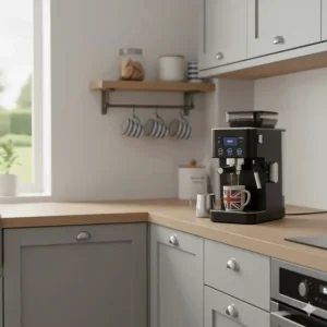 Illustration showing a compact bean to cup machine fitting neatly under standard UK kitchen cupboards to save space.