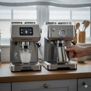 De'Longhi LatteCrema automatic milk carafe next to a Sage traditional stainless steel steam wand for latte art.