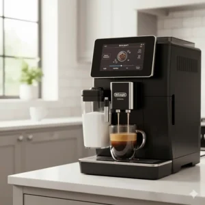 The De'Longhi PrimaDonna Soul machine preparing a flat white, showing the Bean Adapt technology interface.