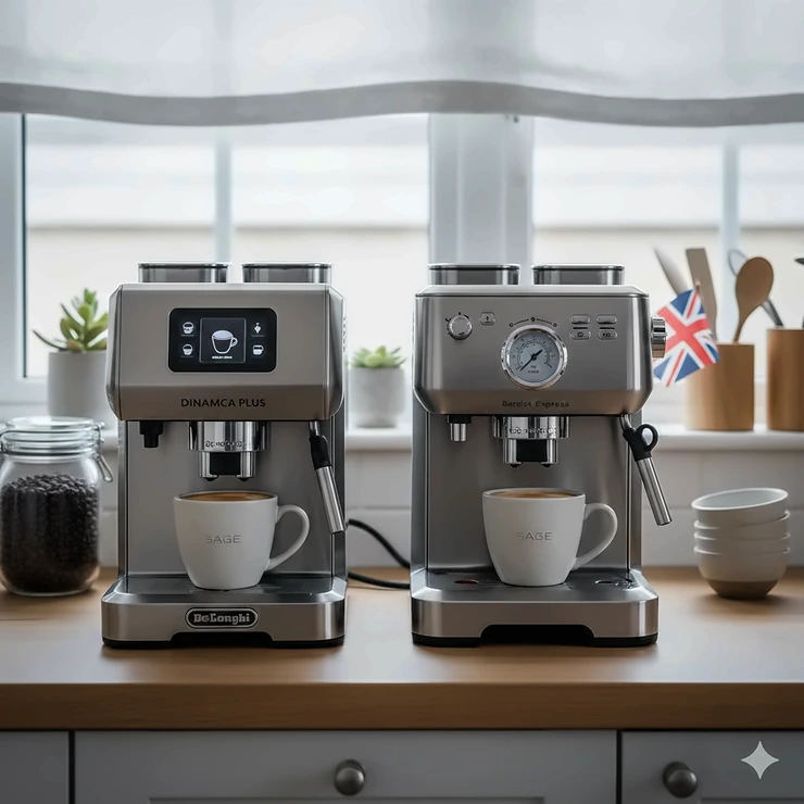 A side-by-side comparison of a De'Longhi Dinamica Plus and a Sage Barista Express bean to cup coffee machine on a kitchen worktop. delonghi vs sage bean to cup