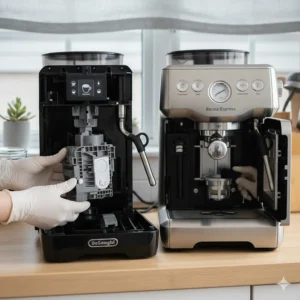 Showing the removable brewing unit of a De'Longhi machine compared to the integrated system used in Sage bean to cup models.