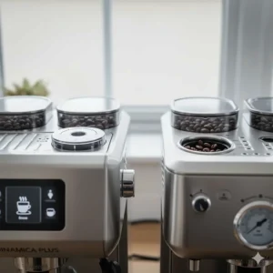 A top-down view of the bean hoppers and grind size adjustment dials on De'Longhi and Sage coffee machines.