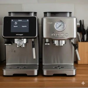 Close up comparison of a De'Longhi touchscreen display versus the Sage manual pressure gauge and button interface.