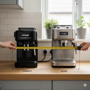 A scale diagram showing how much worktop space a compact De'Longhi Magnifica S takes up compared to a wider Sage Barista Touch.