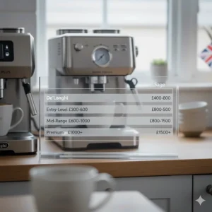 An infographic chart comparing the entry-level, mid-range, and premium price points for De'Longhi and Sage coffee machines in GBP.
