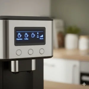 The LED digital display of a value bean to cup machine showing icons for espresso, coffee, and steam.