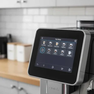 User-friendly digital touch screen on a bean to cup coffee machine showing beverage options.