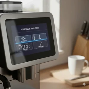 Alt text for image 5: A close-up of a digital touch-screen interface on a coffee machine with customisable settings for coffee strength and cup size.