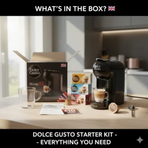 What is included in a cheap Dolce Gusto starter kit, showing the machine, manual, and trial pods.