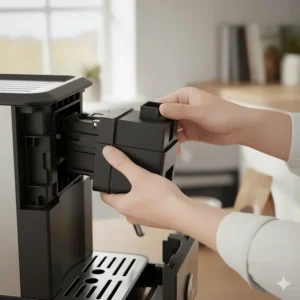 A person removing the brewing unit from a coffee machine for easy cleaning and maintenance.