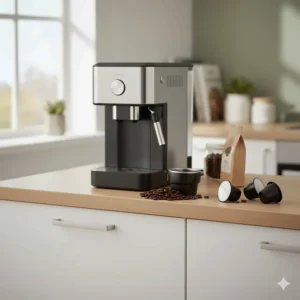 Fresh coffee beans and a portafilter, highlighting the eco-friendly benefits of bean to cup over plastic pods.