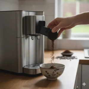Fresh coffee grounds being emptied from a bean to cup machine, highlighting a sustainable pod-free choice.