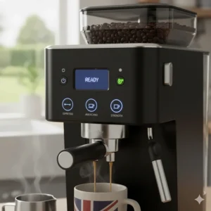 An icon representing energy-saving eco mode on a coffee machine, relevant for UK households managing energy bills.