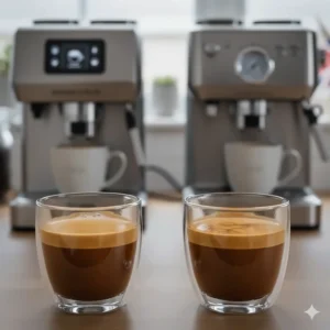 Two glasses of espresso showing the crema quality produced by De'Longhi's automated system and Sage's low-pressure pre-infusion.