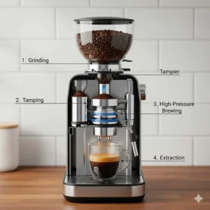 Alt text for image 8: An infographic showing the journey of a coffee bean from the hopper through the grinding and tamping stages to the final cup.