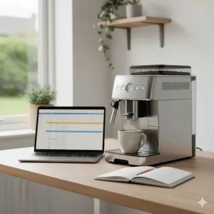 A bean to cup coffee machine positioned in a home office setup next to a laptop and a notebook.