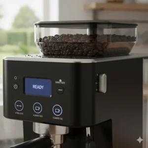 Close-up illustration of an integrated stainless steel conical burr grinder with adjustable settings for fresh beans.
