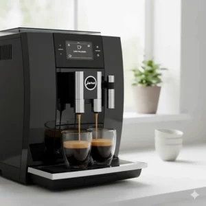 A black Jura E8 bean to cup coffee machine, highlighting the Swiss-engineered design and chrome coffee spouts.