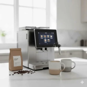 A stylish home coffee station featuring a bean to cup machine, a bag of artisan roasted beans, and two ceramic mugs.