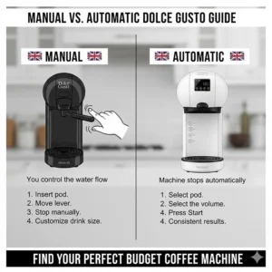 A diagram explaining the difference between manual and automatic Dolce Gusto models for budget shoppers.