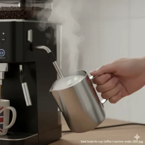 A manual steam wand frothing milk in a stainless steel jug to create microfoam for a British-style cappuccino.