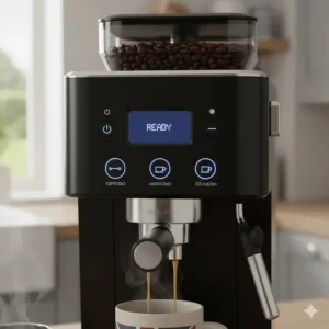 The digital control panel of an affordable coffee machine highlighting one-touch buttons for espresso and americano.