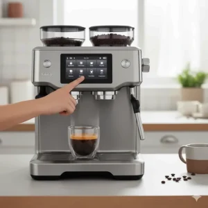 The Sage Oracle Touch automatic espresso machine in brushed stainless steel, showing the touchscreen interface for custom drink settings.
