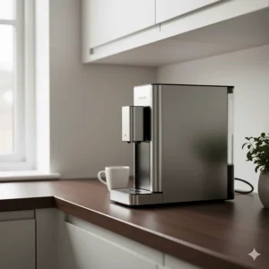 Alt text for image 7: A slimline bean to cup coffee machine designed to save space on small British kitchen worktops while fitting under standard cupboards.