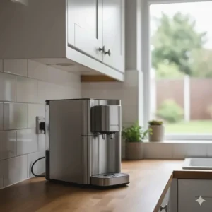 A compact bean to cup coffee machine fitting neatly under kitchen cabinets in a UK semi-detached home.