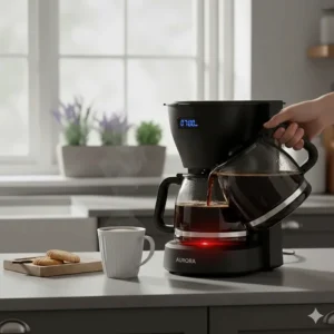 A person pouring a cup of coffee mid-brew, demonstrating the anti-drip valve feature of the programmable coffee maker.