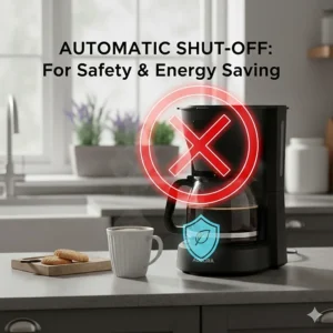 Graphic illustration showing the automatic shut-off feature on a coffee machine for safety and energy saving in UK homes.