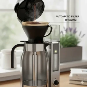 An automatic thermal carafe coffee maker brewing ground coffee through a reusable filter.
