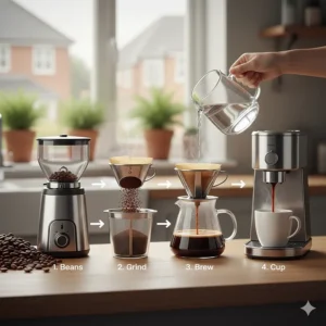 Illustration showing the process of coffee beans being ground and then brewed into a carafe in one seamless step.