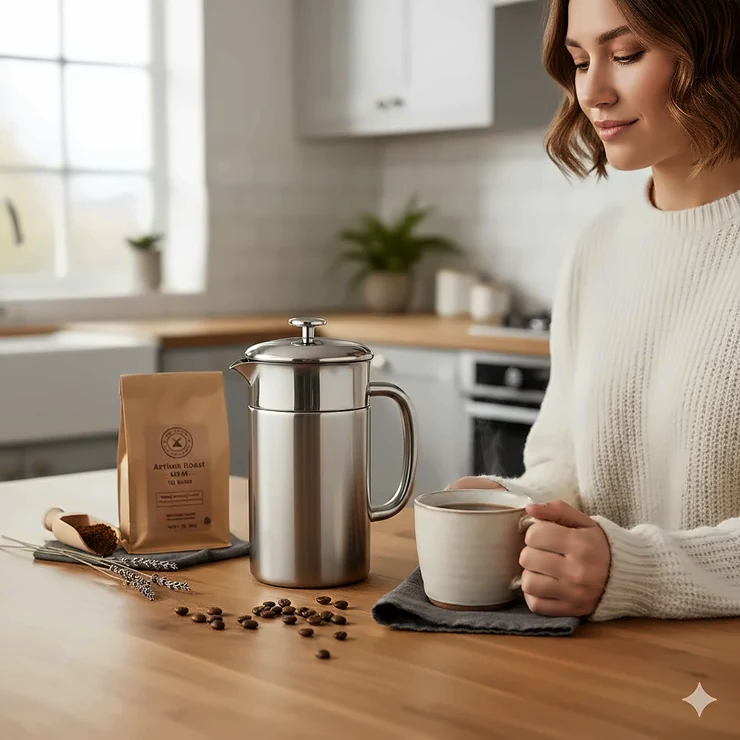 A stylish stainless steel cafetiere sitting on a wooden kitchen worktop next to a bag of ground coffee and a mug. best cafetiere