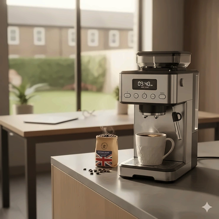 A premium bean-to-cup grind and brew coffee machine sitting on a grey marble kitchen worktop next to a ceramic mug. grind and brew coffee machine